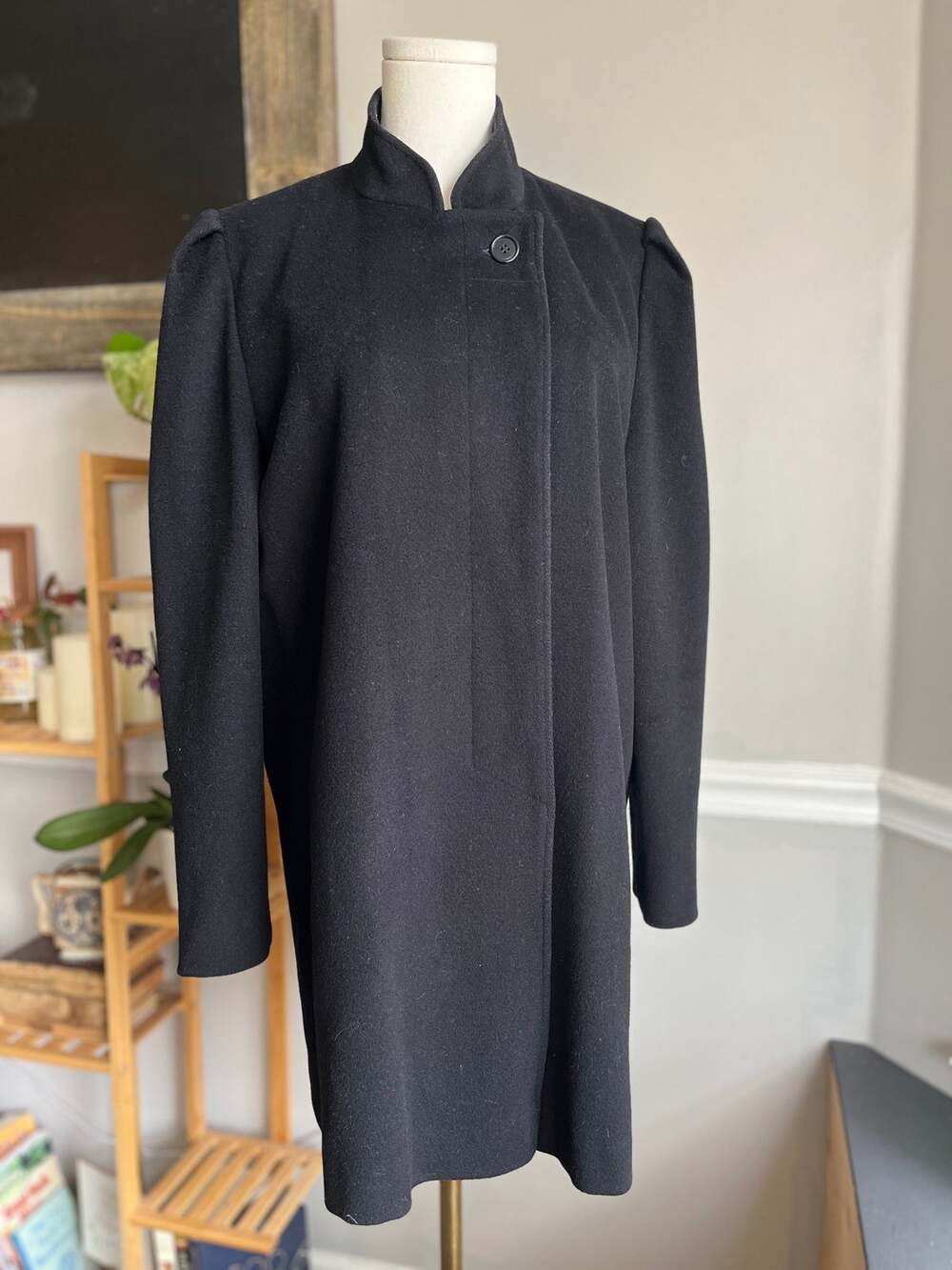 Vintage 80s Navy Wool Coat Puff Shoulder Quiet Luxury Minimal Size Medium